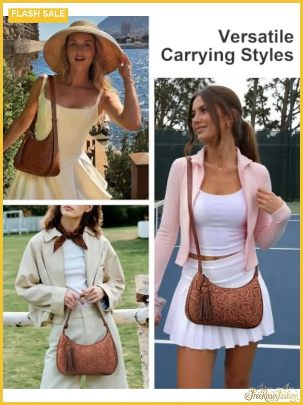 Vegan Leather Floral Embossed Hobo Shoulder Bag with Tassel Crossbody